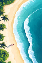 Aerial view of a serene beach with gentle waves, palm trees, and a lone surfer preparing to ride