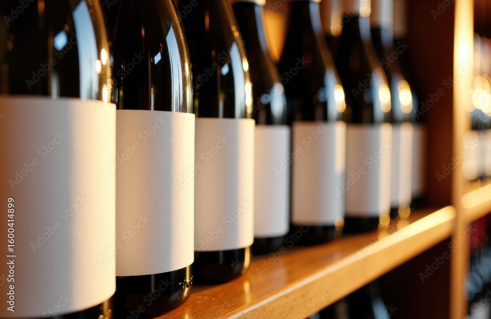 Poster wine bottles lined up on a wooden shelf in a wine cellar or store setting