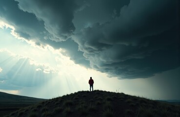 A person standing on a hill under a dramatic cloudy sky with rays of sunlight breaking through