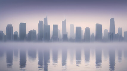 Fototapeta premium Dreamy fog-wrapped skyline with smooth reflections in water, subtle gray-blue tones and soft gradients evoke peace and sophistication in this abstract urban scene