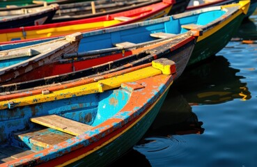 Colorful wooden boats docked on calm water create a vibrant maritime scene
