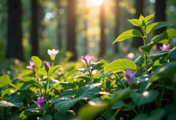 Obraz premium Sunlight filters through a lush green forest, illuminating vibrant flowering plants in the foreground