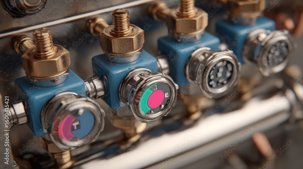 Poster close up view of service valves on a heat pump, featuring ball and toggle mechanisms with color code
