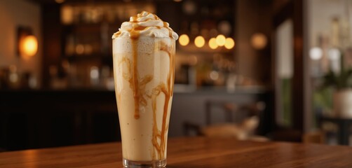 Enjoy a creamy butterscotch banana milkshake, generously drizzled with warm caramel sauce. This indulgent dessert beverage, served in a tall glass, features whipped cream topping on a wooden counter.