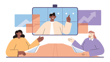 Fototapeta premium Illustration of a virtual meeting with three people and data charts in the background