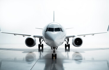 Naklejka premium Modern commercial airplane facing forward on airport runway with reflective surface