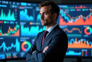 Businessman analyzing financial data on a digital stock market screen with graphs and charts