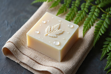 Natural handmade soap with embossed leaf design and water droplets