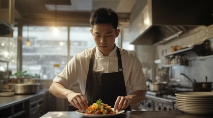 Chef preparing plate in commercial kitchen environment.