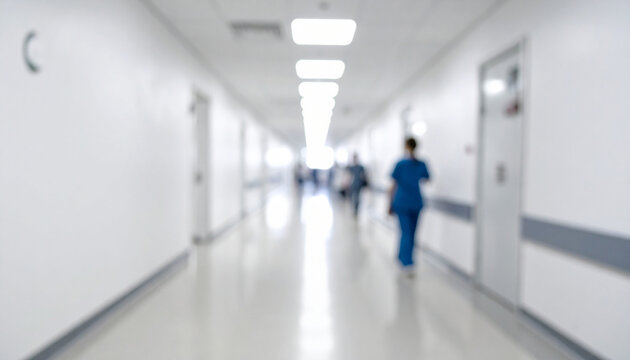 Blurred image of a bright hospital hallway. Clean, sterile environment with natural light.