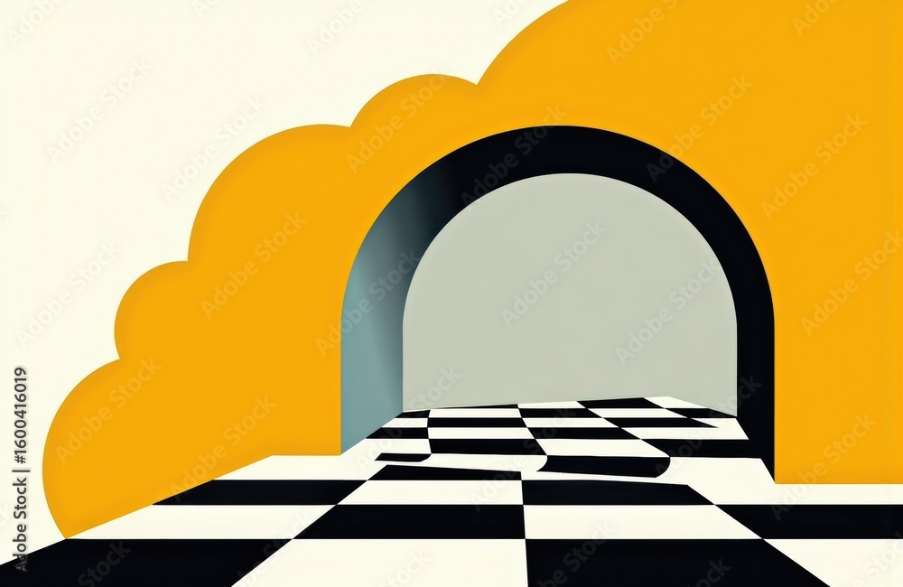 Poster colorful abstract tunnel with geometric checkered floor and bold shapes creating depth
