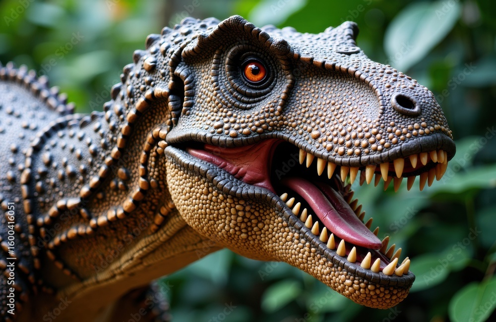 Poster close-up of a realistic dinosaur model with open mouth and sharp teeth in lush green environment