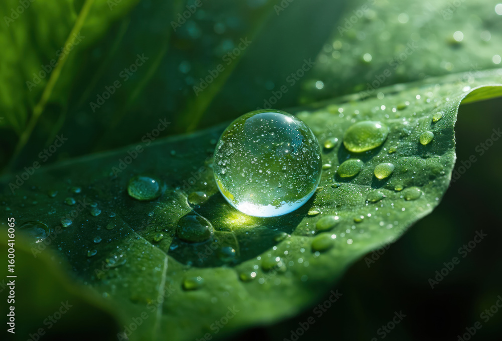 Poster macro shot of large clear dew drop on green leaf surface with many smaller droplets. sunlight refrac