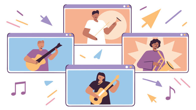 Online music lessons featuring guitarists, a conductor, and a trumpet player in web windows