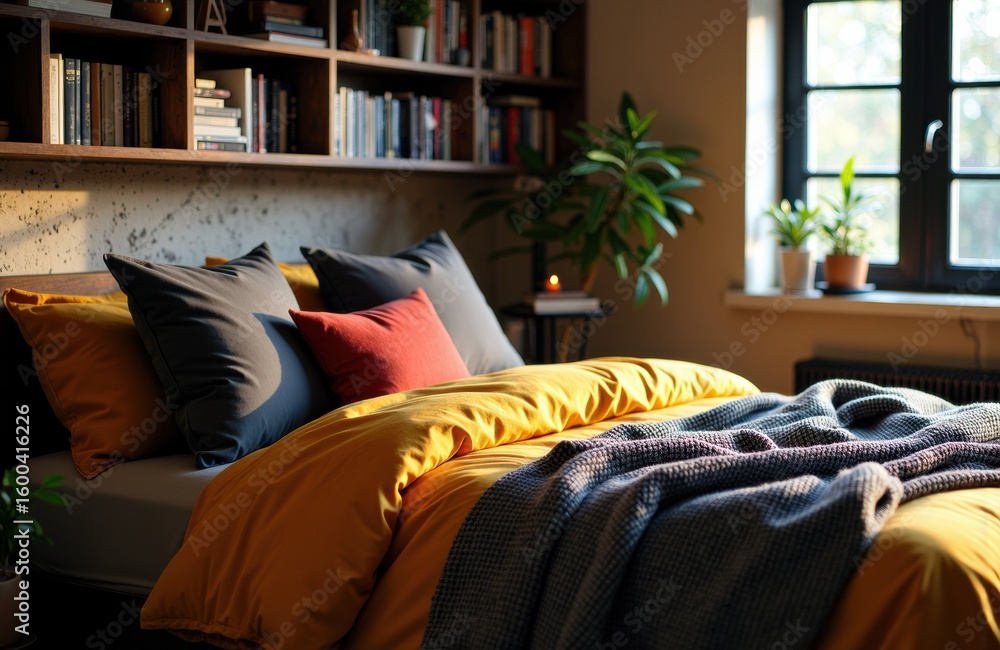 Poster a cozy bedroom with a neatly made bed featuring colorful pillows and warm bedding in front of a book