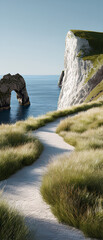 Sunny Coastal Path Leading to Durdle Door Arch with White Chalk Cliffs and Blue Sea, Elevated Front View, Isolated on Transparent Background