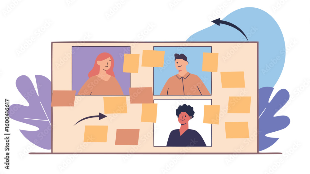 Poster illustration of a project board with people and sticky notes showing workflow and collaboration proc