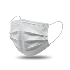 A single white disposable medical face mask isolated on white background