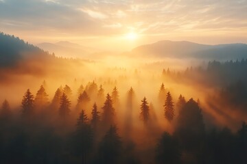 Naklejka premium Sunrise Over Misty Forest Landscape