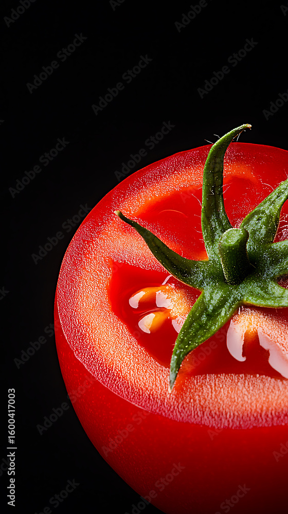 Poster half of a juicy red tomato is displayed with green stem against a dark backdrop, emphasizing its vib