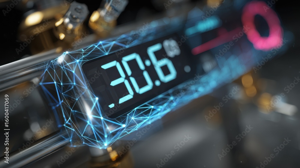 Poster closeup of a digital thermometer attached to a vacuum chamber, displaying fluctuating subzero temper