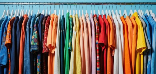 Fototapeta premium Vibrant rainbow of shirts hang on clothes rack, diverse fabrics, patterns, colors. Colorful display suggests sale discount event at boutique market, perfect for spring, summer fashion retail.