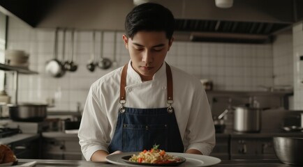 Attentive chef holding a plate of delicious food in the kitchen