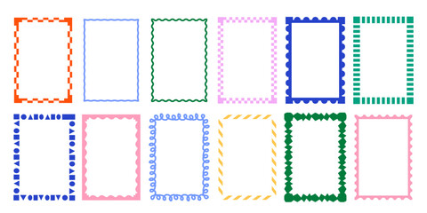 green invitation border collection. Trendy doodle borders with geometric patterns and curved shapes. Abstract design elements for invitations. Flat vector illustration collection