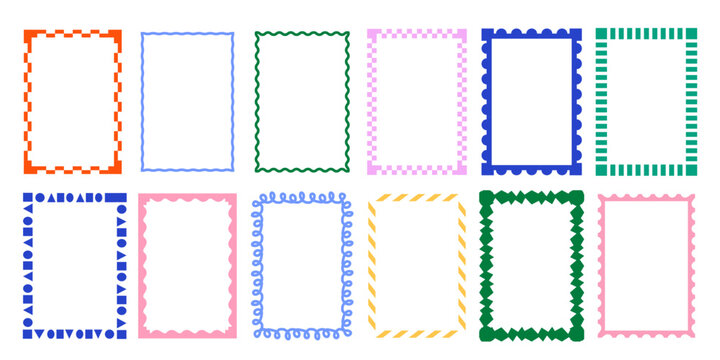 green invitation border collection. Trendy doodle borders with geometric patterns and curved shapes. Abstract design elements for invitations. Flat vector illustration collection