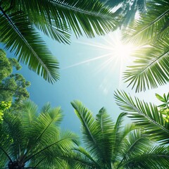 Naklejka premium Looking Up Through Tropical Palm Leaves Towards A Bright Sunlit Sky On A Clear Day