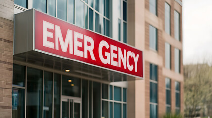 Hospital emergency entrance: Illuminated red sign indicates the emergency room entry. Modern building with glass doors. Medical care setting.