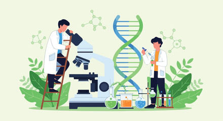 A Scientists Conducting Genetic Research in Laboratory with DNA Helix and Microscope a Vector Illustration