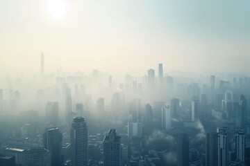 Fototapeta premium Dense smog covering modern city skyline, low visibility, grey haze, environmental pollution concept, realistic photography style.