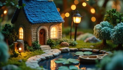 Obraz premium Whimsical crochet miniature house diorama with fairytale lights. Tiny bungalow scene features a garden, duck pond with boat, and illuminated lantern creating a magical, cosy atmosphere.
