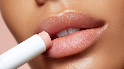 Naklejka premium Lip balm application enhances skincare and healthy skin by adding moisture and softness to lips as part of beauty routine that complements makeup for natural look