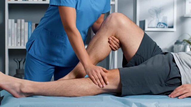 Physiotherapy session, physiotherapist treating patient with leg injury perfect for medical care visuals muscle therapy and rehabilitation hospital procedure footage