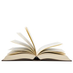 An open antique book with pages fluttering in the wind isolated on white background