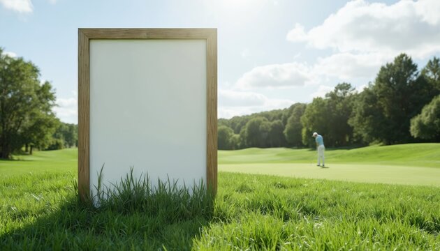 Blank white signboard mockup on green grass landscape. Golf player practices on course background. Sunny summer day perfect for outdoor advertising, real estate promotion, nature background.
