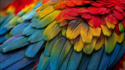 Obraz premium Close-up of vibrant and colorful macaw plumage showcasing detailed texture, feather layers and vivid hues of blue, red, yellow and green in tropical bird species for exotic wildlife, nature concepts