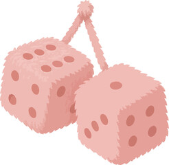 Pair of fluffy pink dice hanging together as a symbol of luck and retro car decor