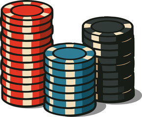 Stacked poker chips in red, blue, and black symbolizing gambling and casino games