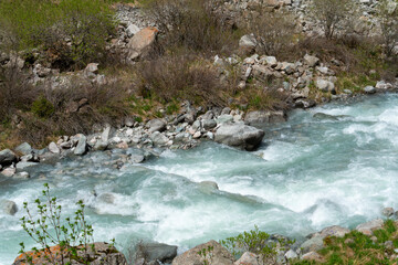 Ala-Archa Park, Clear mountain whitewater stream rushing over stones. Wild shrubs and rocky...