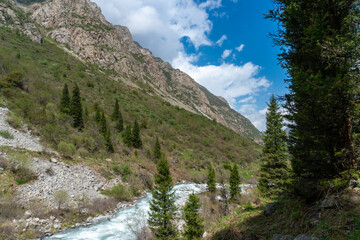 Ala-Archa Park, Rugged mountain terrain with steep rocky cliffs, flowing river. Pine forest, green...