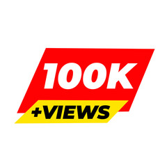100K views milestone png, viral social icon, red colour badge, trending views tag,