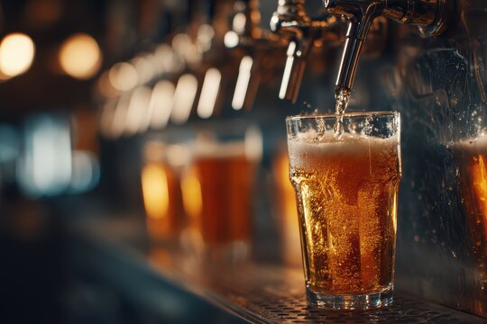 Close-up of golden beer pouring from a tap into a frosted glass in a bar, creating thick foam. Fresh draft beer, alcohol drink concept.