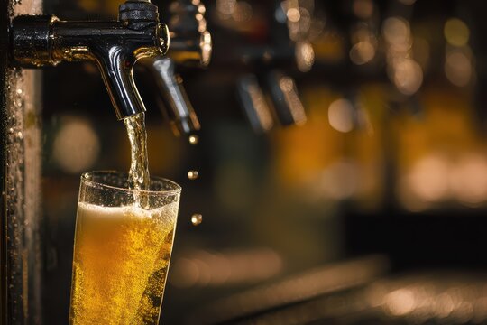 Close-up of golden beer pouring from a tap into a frosted glass in a bar, creating thick foam. Fresh draft beer, alcohol drink concept.