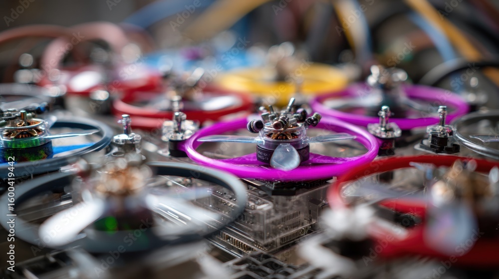 Poster colorful 3d printed drones displaying unique propeller designs resting on intricate circuit board, r