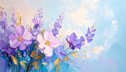 Rough palette knife oil painting of pastel purple flowers. Hand drawn art.