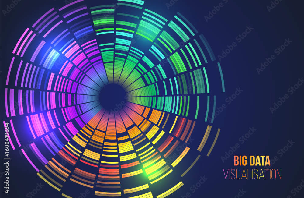 Poster abstract circular infographic with vibrant rainbow colors on a dark background. symbolizes big data 