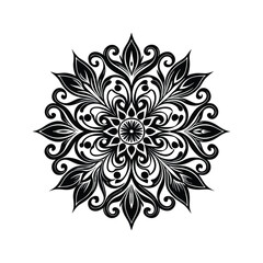Fototapeta premium Black intricate floral mandala with swirling leaves and petal shapes pattern white
